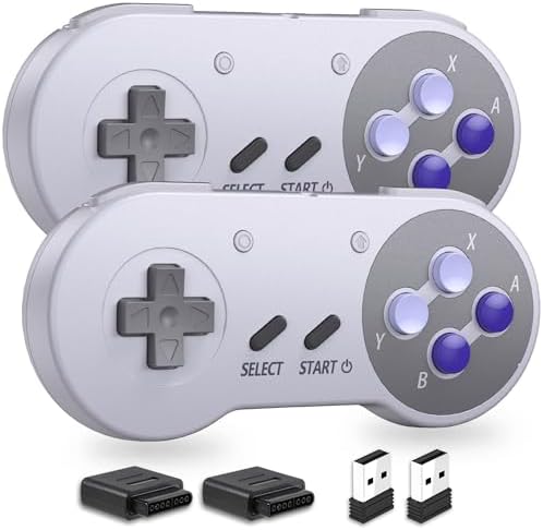2.4 GHz Wireless SNES Switch Online Controller, SNES & USB Receiver, Compatible with Switch/Switch OLED, PC, Mac OS, Android, Steam, Raspberry Pi, SNES (Rechargeable) (Plug and Play) (2 Pack Purple)