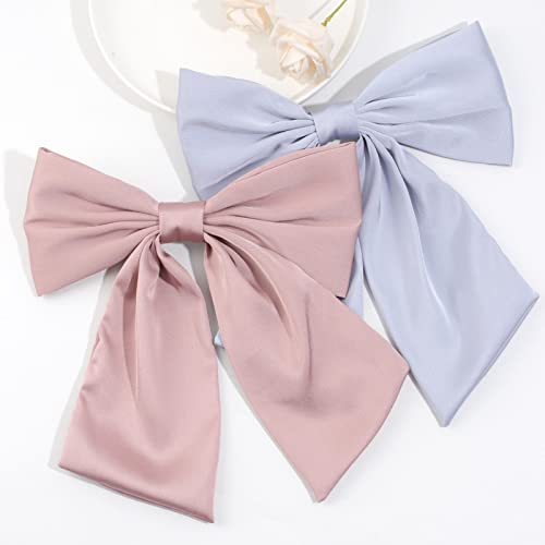 2Pcs Big Satin Hair Bows For Women Girls 10 Inch Barrette Hair Clip Long Pink Blue Silk Ribbon Bride Wedding Bows French Style Hair Accessories (Pink+Blue) #TOP6