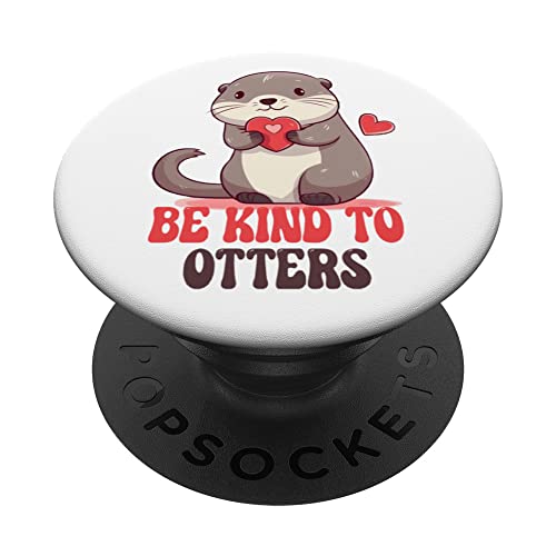 Cartoon Otter Cute Animal Hearts Be Kind To Otters PopSockets Swappable PopGrip, Black
