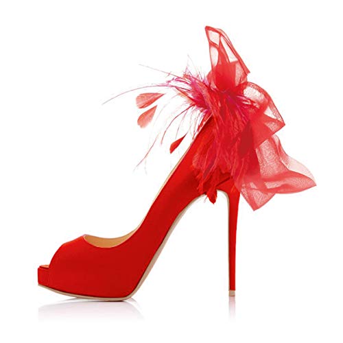 FSJ Women Stylish Peep Toe Pumps with Platform High Heels Stilettos Beauty Mesh Feather Flower Bowknot Decor Slip On Party Dress Bridal Shoes Size 4-15 US2