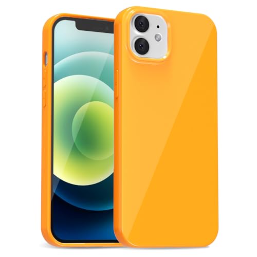 uvcoat for iPhone 12/12 Pro Case Silicone, Glossy Cute Jelly Soft Rubber Gel Protective Plastic Phone Case, Thin Ultra Slim Plain Solid Color Cover for Women, Neon Orange