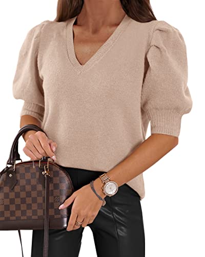 Women's Puff Short Sleeve Sweater Tops 2025 Spring...