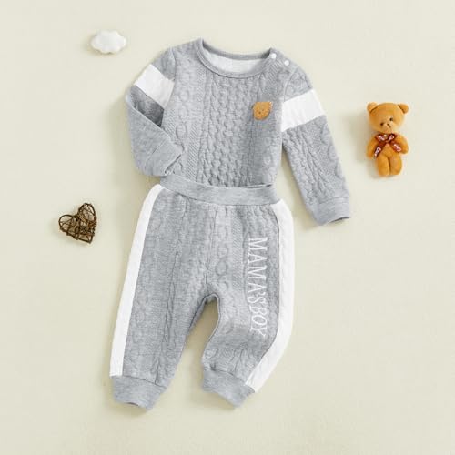 Image of Babieshouse Newborn Baby Boy Clothes Mamas Boy Bear Embroidery Long Sleeve Romper Pants Set Fall Winter Outfits 3-18 Months