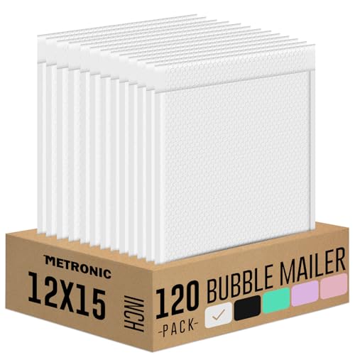 Image of Metronic Large Bubble Mailers 12x15 Inch 120PC Padded Envelopes White | Waterproof Bubble Envelopes Opaque Cushioning Bubble Mailer for Shipping Clothes, Books, Jewelry, Makeup Supplies