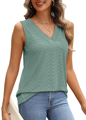 WIHOLL Tank Top for Women Summer Outfits V Neck T Shirts Trendy Eyelet Sleeveless Basic Beach Vacation Clothes4