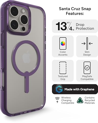 Image of ZAGG Santa Cruz Snap Case for iPhone 16 Pro Max - MagSafe Compatible, 13ft Military-Grade Drop Protection, Graphene Reinforced, 70% Recycled Content, Clear with Color Accents, Hyacinth Purple