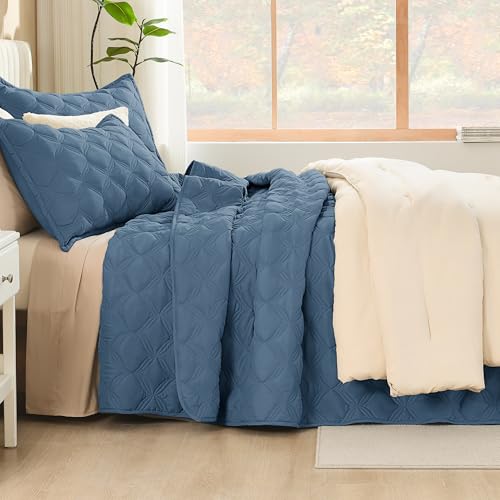 Image of Litanika Oversized King Quilt Bedding Set, 128x120 Inch Super King Haze Blue Comforter Bedspreads Lightweight Bed Coverlets Boho Bedding Cover Decor All Season,3 Pieces (1 Quilt, 2 Pillowcases)