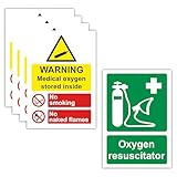 Set of 5 Medical Oxygen Safety Sign Labels (148 × 210 mm), 4 pcs Medical Oxygen Stored Inside and 1 pc Oxygen Resuscitator – Self Adhesive Polypropylene Stickers