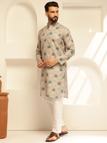 Image of SOJANYA (Since 1958 Men's Cotton Linen Abstract Printed Kurta with White Pyjama