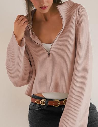 Image of Half Zip Pullover Sweaters for Women Long Sleeve Mock Turtleneck Ribbed Knit Tops Fall Winter Loose Slouchy Jumpers (Pink-L)