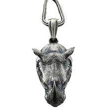 Vintage Rhinoceros Pendant Necklace for Men - 24+2 Inch Stainless Steel Link Chain, Punk Rock Animal Jewelry Symbolizing Strength Courage