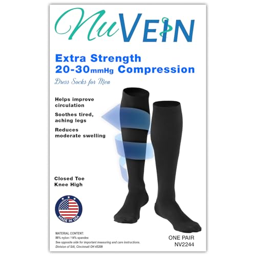 Image of NuVein Men's Compression Socks, 20-30 mmHg Support, Dress Trouser Style, Over Calf Knee High, Navy, Large