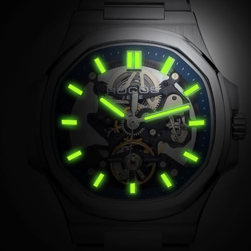 Image of ROCOSJEWE Classic Luxury Blue Dress Watch for Men, Automatic Mechanical Wristwatch, Water-Resistant, Date Display, Luminous Skeleton Dial, Stainless Steel Bracelet, Gift for Men R0139