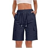 RLEHJN Cargo Shorts Women UK Clearance, Ladies Bermuda Shorts Baggy Short Cargo Pants with Multiple Pockets Summer Drawstring Elasticated Waist Half Pants for Outdoor Hiking Work Travel Golf Navy