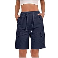 RLEHJN Cargo Shorts Women UK Clearance, Ladies Bermuda Shorts Baggy Short Cargo Pants with Multiple Pockets Summer Drawstring Elasticated Waist Half Pants for Outdoor Hiking Work Travel Golf Navy