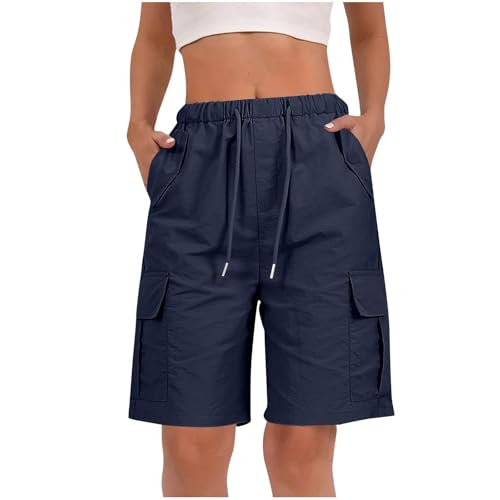 Womens Cargo Shorts Bermuda Shorts Baggy Short Trousers with Multiple Pockets Short Summer Drawstring Elasticated Waist Half Pants Bottoms Ladies for Outdoor Hiking Work Travel Golf S-XXL Navy