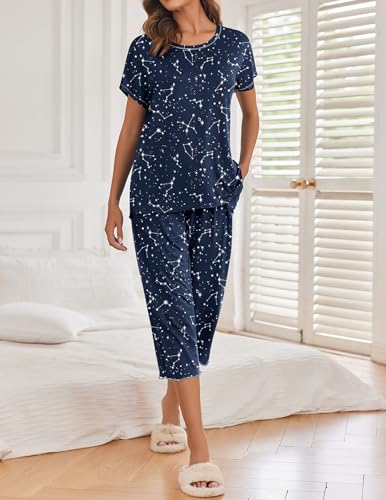 Image of Ekouaer 2 Pack Womens Pajamas Sets Short Sleeve Tops and Capri Pants Pjs Colorful Printed Sleepwear Sets