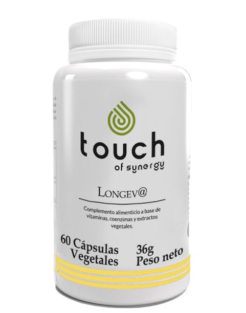 Touch of Synergy - Longev@ - Energía y vitalidad. Antienvejecimiento celular con NADH, Trans-Resveratrol, Coenzima Q10, Ashwagandha, Vitamina C y Ácido Fólico. Salud cerebral cognitiva - 60 Cápsulas.