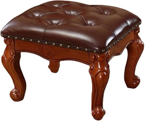 Reposapiés otomano pequeño de cuero, taburete de madera maciza tallada vintage para sofá, taburete tapizado para sala de estar, sofá, entrada