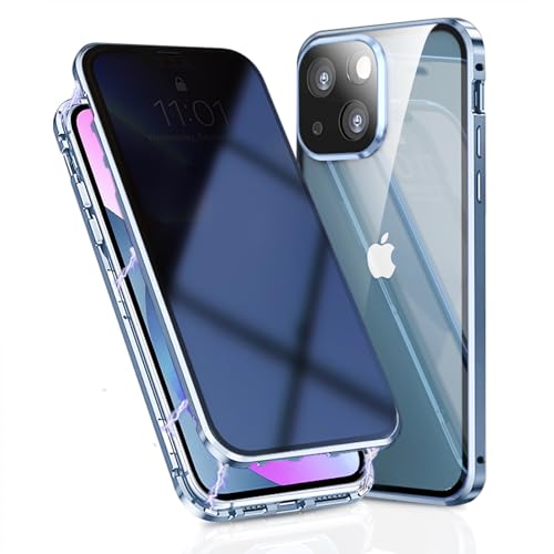 OMGZONE Privacy Case for iPhone 15 Magnetic Cover,Screen Protector built-in Anti-peep Tempered Glass Full Cover with Camera Protector,360 Degree Metal Bumper Case for iPhone 15,Blue