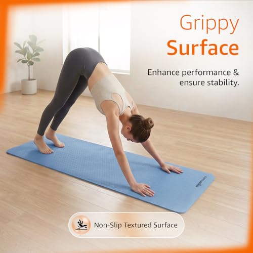 Image of Amazon Basics TPE Yoga & Exercise Mat | 6 mm Thick | Non-Slip Grippy Surface | Lightweight & Durable Rubber-Like Material | Floor Protection | Ideal for Yoga, Pilates, Stretching & Fitness | 180 x 61 cm | Dark Blue