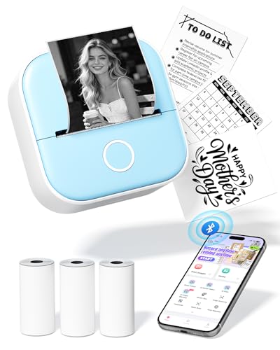 Mini Sticker Printer - T02 Sticker Machine Printer & AI Smart APP, Portable Thermal Bluetooth Inkless Print Pods with 3 Rolls Thermal Paper for DIY Journal, Student Study Notes, Plan, Memo, Blue