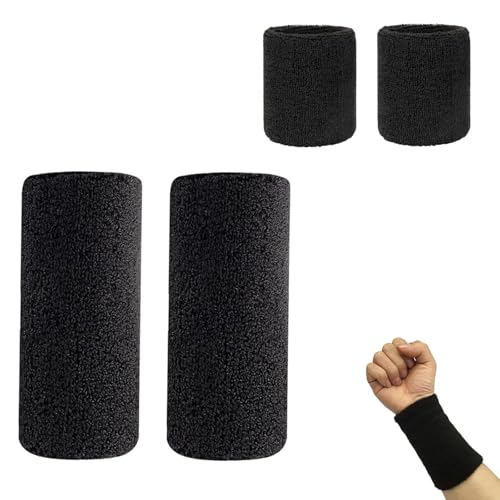 Neoreser 4 Piezas Muñequera Deportiva, Muñequeras Deportivas Sudor Negras, Accesorios de Entrenamiento, Wristbands Pulsera Elástica Suave y Gruesa para Baloncesto, Gimnasio, Gimnasia, Tenis, Fútbol