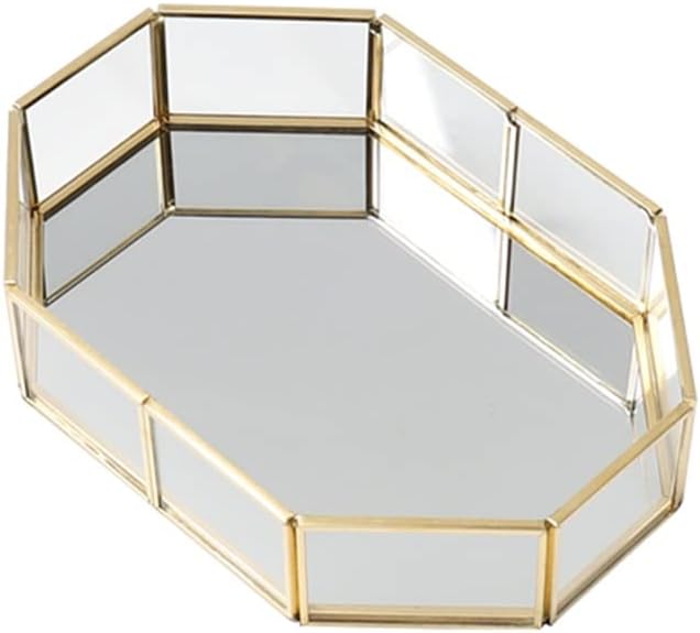 DUNAKEServing Tray Decorative, Jewelry Dish Tray, Glass Mirrored Vanity Dish Dresser With Gold Metal Frame Prisma Tray For Storing Cosmetic Trinkets Food Tray For Cake Coffee Gift For Women