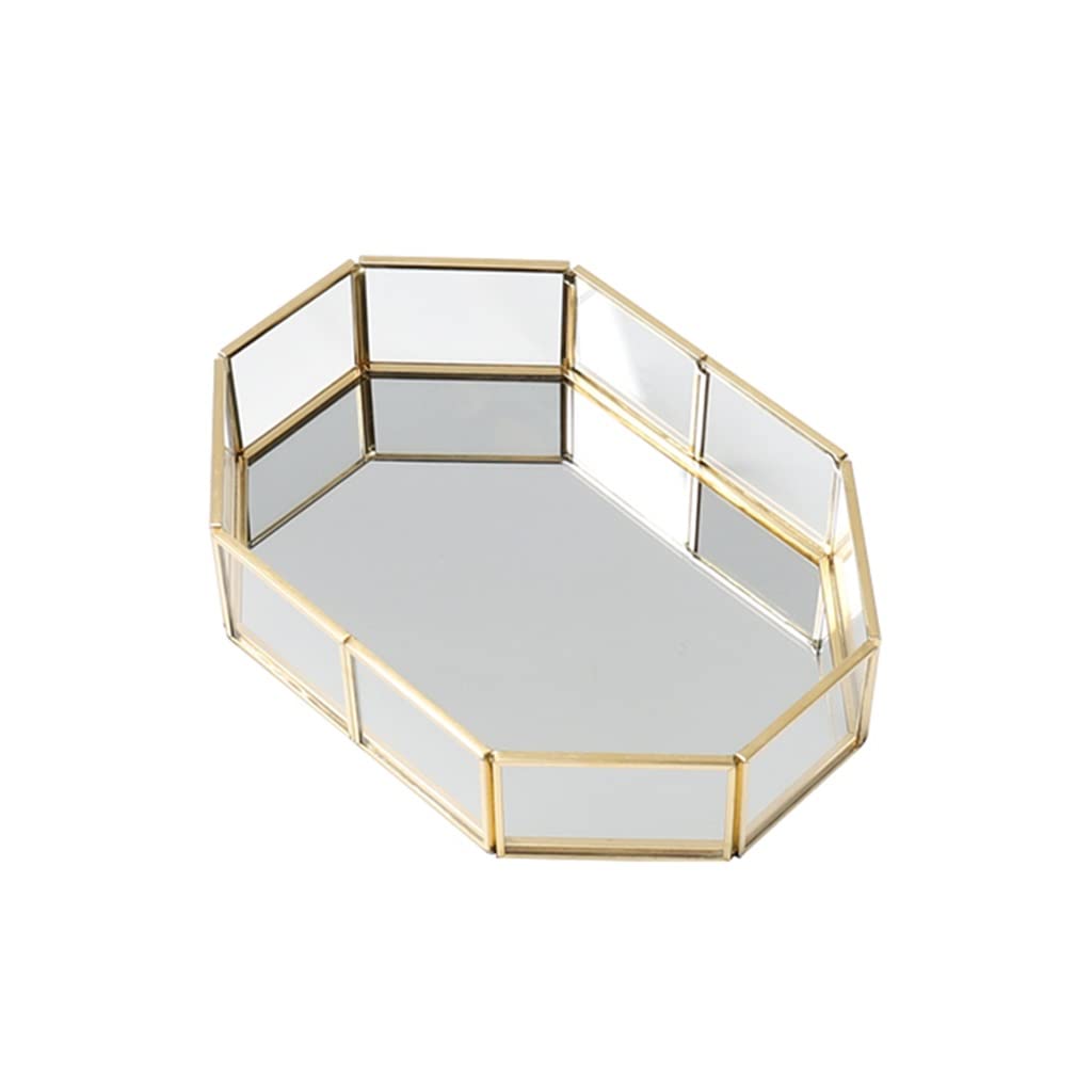 DUNAKEServing Tray Decorative, Jewelry Dish Tray, Glass Mirrored Vanity Dish Dresser With Gold Metal Frame Prisma Tray For Storing Cosmetic Trinkets Food Tray For Cake Coffee Gift For Women