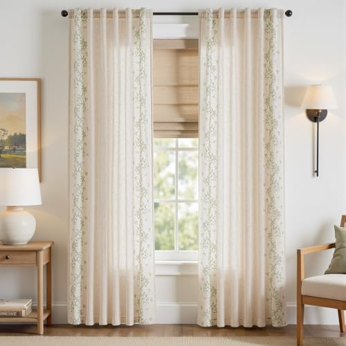 Image of jinchan Floral Linen Curtains, Back Tab 50x84 Inch, 2 Panels Sage