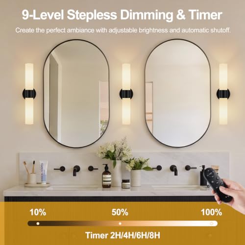 Image of Rechargeable Wall Sconces Set of Two, Modern Matte Battery Operated Wall Light Fixtures with Remote Control, Dimmable Wireless Wall Sconces with Milky Glass for Bathroom Mirror Bedroom Living Room