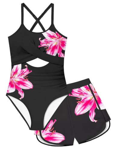 Image of Girl Swimsuit One Piece Cutout Ruched Bathing Suit for Girls Color Block Adjustable Straps Pad Swimwear 9-18y
