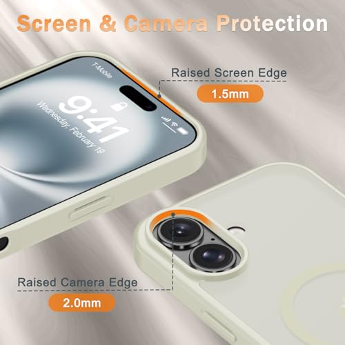 Image of YENAPOON for iPhone 16 Plus Case, Matte Magnetic Phone Cover [with 1 Screen Protector] [Support for MagSafe] [Shockproof Military Grade Protection] Translucent Frosted Back, Cream White