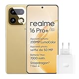 realme 16 Pro+ 5G Smartphone, 12+512GB, Appareil Photo 200MP OIS, Objectif Portrait 50MP, Batterie 7000mAh, Écran Courbe 6,8" 144Hz, Charge 80W, Fonctions IA, Double SIM, Or (avec Adaptateur)