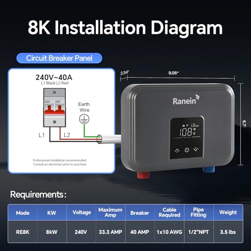 Image of Ranein 8kW Tankless Electric Water Heater, 240V on Demand Instant Endless Thermostatic Water Heater with LED Temperature Display for Bathroom and Kitchen