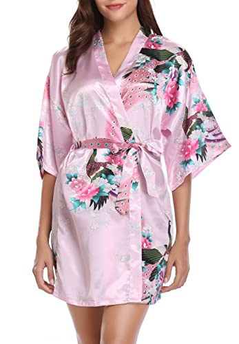 Vlazom Kimono Mujer Corto de Satén y Seda, Cuello en V con Estampado Floral, Manga 3/4 con Cinturón,Rosado,XL