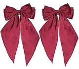 Furling Pompoms Hair Bows for Women - Pack of 2 Wine Red Hair Bow Clips for Girls Satin Big Bows Long Tail Alligator Clip Ribbon Hair Barrette Hair Accessories for Bridal Bachelorette Party