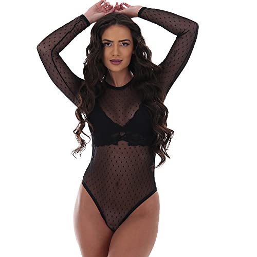 Body Tule Poa Fristyle Manga Longa Transparente Feminino Tamanho:G;Cor:Preto
