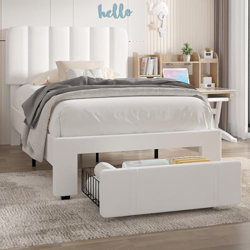 Image of VECELO Twin Size Upholstered Bed Frame with Drawer and Headboard, Velvet Platform Storage Bedframe, Wooden Slats Support, No Box Spring Needed, White