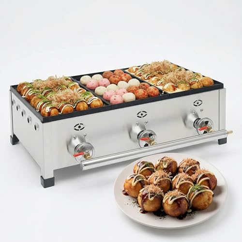 Commercial Takoyaki Maker, Gas-Powered 3-Plate Takoyaki Grill for Street Food, Restaurant, Stall - 201 Stainless Steel, 3 Individual Burners, Includes Ignition Gun