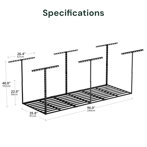 Image of SunsGrove 3x8 Overhead Garage Storage Rack Organization, Adjustable Ceiling Mounted Storage Racks, 800LBS Weight Capacity, 22 inch-40 inch Ceiling Dropdown, Hammertone Black