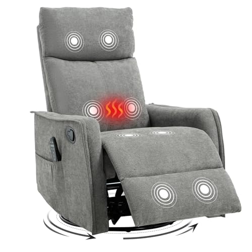 Trustyue Swivel Rocker Recliner Chair, 360° Swivel Recliner with Heat and Massage, Rocker Recliner Easy to Clean Nursery Glider Recliner Chair with Side Pockets for Living Room Light Grey
