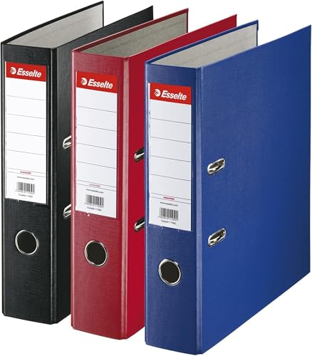 Esselte, Essentials, Pack de 3 Classeurs à levier, Bleu, Noir et Rouge, Dos 75mm, Capacité jusqu’à 500 feuilles (80 g/m²). A4, PP, Idéal Bureau, Ecole,...