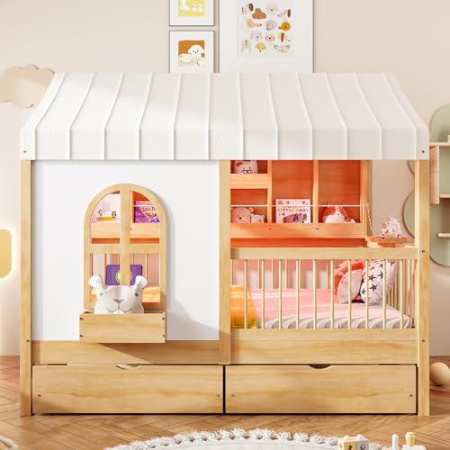 Image of Full Size House Bed with 2 Large Drawers & LED Strip Natural-T | Side Bookshelf, Cozy Reading Nook & Playhouse for Boys & Girls