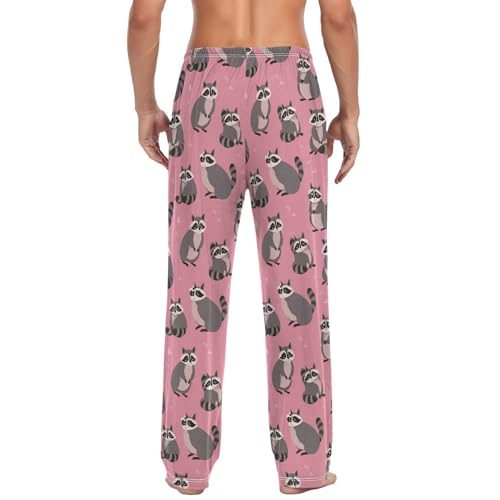 Vdsrup Men's Pajama Pants Cute Raccoon Pink Pajama Pants for Men PJs Bottoms Drawstring Pockets Sleep Lounge Pants S2