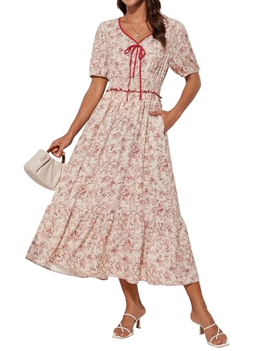 Damen Elegant Kurzarm Midikleid A Linien V-Ausschnitt Blumenkleid Festlich Kleid Sommerkleid Beige-Rote Blumen M