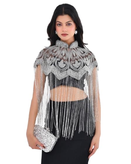 cholis creation Silver Swan Fringe Cape for Women – Elegant Beaded Sheer Top with Tassel Fringe, Designer Indo Western Cape Shrug, Wedding & Festive Outfit-picture-43