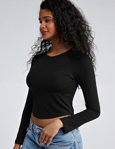 ZeroBound Long Sleeve Built-in Shelf Bra Crop Top for Women and Girls Crew Neck Basic Tees Crop Y2k Clothes3