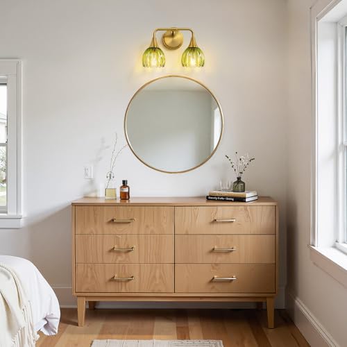 Image of Bathroom Vanity Light Fixtures: 2-Lights Vintage Bathroom Lights Over Mirror with Ribbed Green Tulip Glass Shade - 14 inch Brushed Gold Wall Sconce Bath Lighting