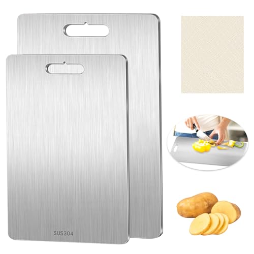 2 Pezzi Tagliere in acciaio inossidabile, Tagliere in titanio per cucina, Taglieres acciaio inox antibatterici, Taglieres in Titanio per Uso Alimentare Su Entrambi I Lati, per carne, frutta, verdura